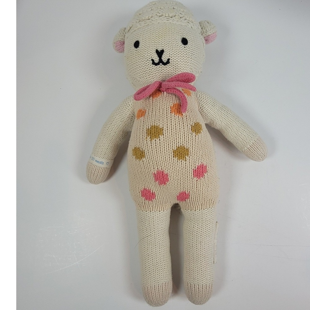 Cuddle + Kind Lucy the Lamb Hand Knit Doll 12" Pink Polka Dot Stuffed Animal Toy